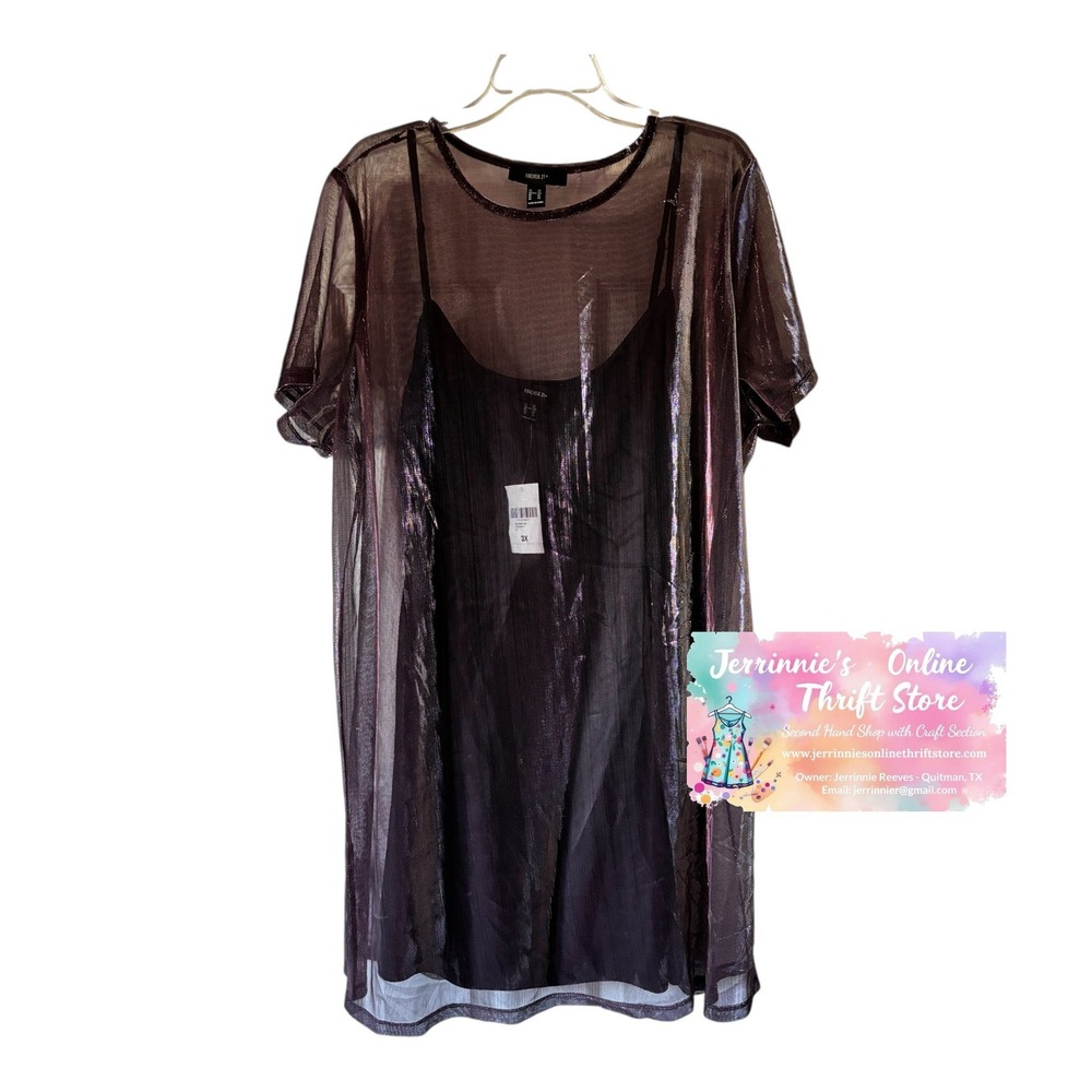 Forever 21+ Womens 3X Metallic Mesh T-Shirt Dress Iridescent Purple 2-Piece Set